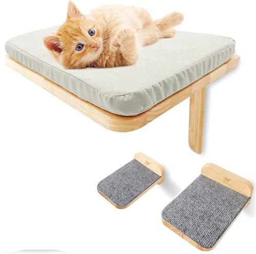 Shakub Kletterwand Katzen Set Holz,Katzen Hängematte und 2X Katzentreppe Wand,Massivholz Katzenwandmöbel kann bis zu 13KG Gewicht Tragen