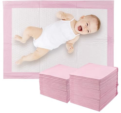 Fsaklaskdy 50 Stück Baby Inkontinenzunterlage Wickelunterlage Einweg, 60 × 45 cm Wickelauflage, Baby Changing Mat für Unterwegs, Hygienisch mit Superabsorber, Weich, Wasse, Atmungsaktiv (Rosa)