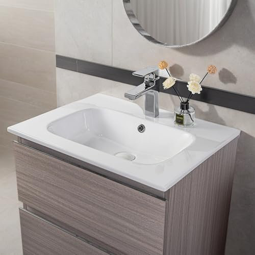 Lavabo Integrale a Incasso Soprapiano, Rettangolare in Ceramica Bianco Lucido, Lavandino Bagno con Foro Troppopieno (610 x 460 x 155 mm)