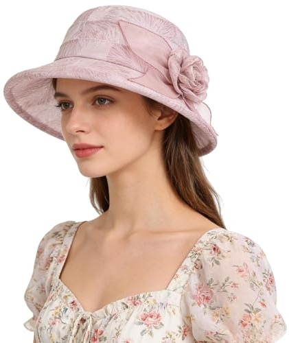 SIQITECH Sonnenhut Damen Organza Hut mit Blume Strandhut Sommer Elegant Sommermütze Faltbar Fischerhut Sonnenschutz Sommerhut Breit Krempe Damenhut für Outdoor Reisen Strand Hochzeit Kirche