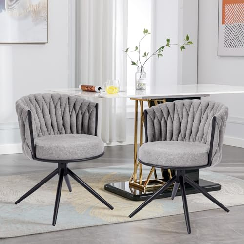 BERYTH Esszimmerstühle drehbar 2er Set Stoff Küchenstuhl Moderne Polsterstuhl Metallbeine Drehstuhl mit Armlehnen Rückenlehne für Esszimmer Küche Wohnzimmer Grau