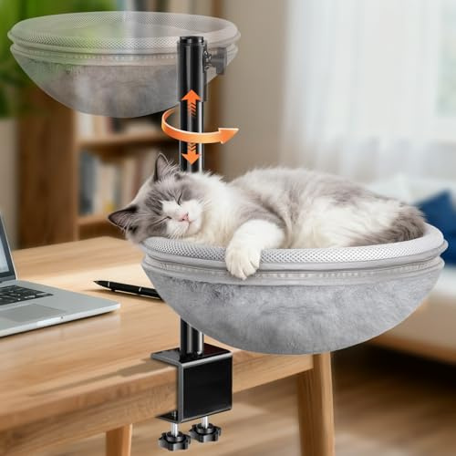 Katzenbett Schreibtisch, Katzen Hängematte mit 360° Drehung & höhenverstellbar, abnehmbares beidseitiges atmungsaktives & gemütliches Katzenbett, Katzenmöbel-Aufsatz für innen, Büroschreibtisch