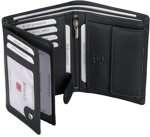 EAAKIE Herren Geldbörse aus Echtleder, Nappa Leder Portemonnaie Hochformat mit RFID Schutz, großes Münzfach, 10 Kartenfächern, edle Geschenkbox – Leder Geldbeutel, Brieftasche, Portmonee (Schwarz)
