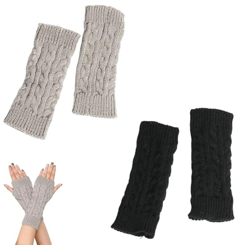 2 Paar Handstulpen,Pulswärmer Damen,Fingerlose Handschuhe Damen,Arm Warmers,Weicher Strick Handschuhe Ohne Finger,Winter Halb Fingerhandschuhe,Fingerless Gloves,Strickhandschuhe (Schwarz+Hellgrau)