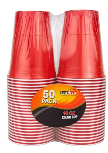 BH | Red Plastic Cups | 16oz | 470 ml | 50-Pack | Party Cup, Drinking Cup for Party, Events, Everyday, Christmas, Games, Wedding and Picnics, Reusable & Recyclable Drinking Red Cups - by Best House