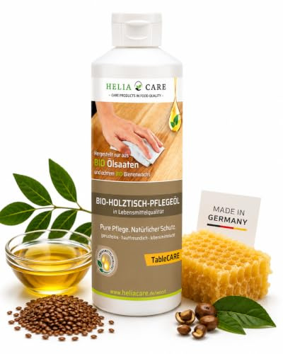 HeliaCARE Tisch Öl - Bio Holztisch Pflege aus Deutschland (500ml) | Für Esstische und Tischplatten: Natürliches Holzpflegeöl mit Bienenwachs für eine tiefenwirksame und gepflegte Holzoptik