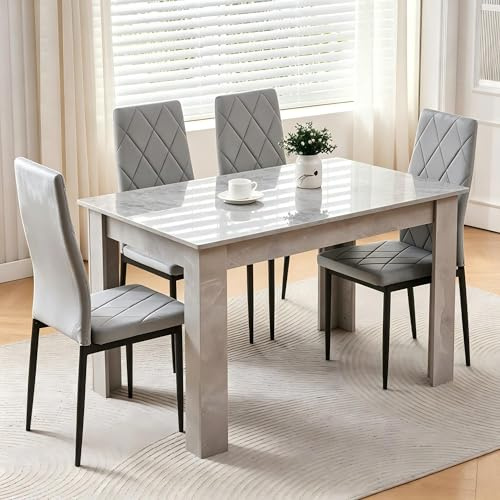 Homullel 120x80 cm Esstisch mit 4 Stühlen Esszimmer Set für 4 Personen, Essgruppe für Küche, Esszimmer (Flanellgrau #2, Hochglanz Beton Grauer Tisch mit 4 Sitze)