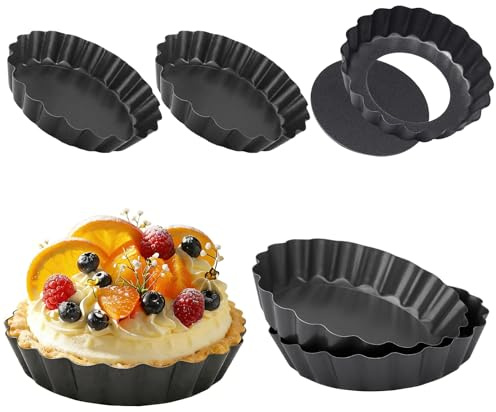OHiZVZV 5 PCS 4 Inch Mini Tart Tins, Loose Base Carbon Steel Non-Stick Small Pie Dishes, Removable Bottom for Cheesecakes Quiches Canapés Baking