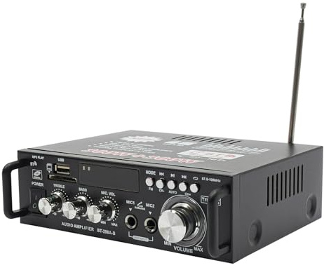 Amplificatore stereo a 2 canali, 220 V, 50 Hz, amplificatore HiFi, SD/USB/Bluetooth/MP3, mini amplificatore con telecomando e maniglia per il trasporto, per casa, caffetteria
