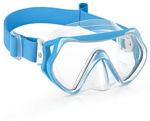 Findway Taucherbrille Kinder mit Stoffband,Schnorchelmaske Kinder Schwimmbrille für Jungen Mädchen,Anti Nebel Anti-Leck 180°Panorama HD Tauchmaske mit Nasenabdeckung,für 6-16 Jahre,C-Blau