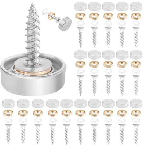 Nexlynk 20Pcs 16mm Mirror Screws with Caps Set, 304 Stainless Steel Decorative Screw Cover Fasteners Kit with Washers and Copper Rings, for Bathroom Mirrors, Glass, Furniture and Interior Fittings