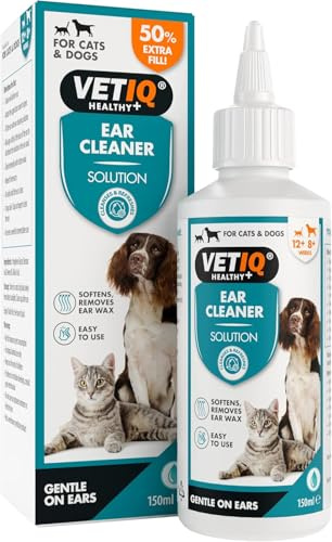 VETIQ® Limpiador de oídos para perros y gatos, 150 ml, solución de limpieza de oídos suave, sin alcohol, con aceite de neem y ácido málico, ayuda a eliminar la cera, la suciedad y los olores, ahora