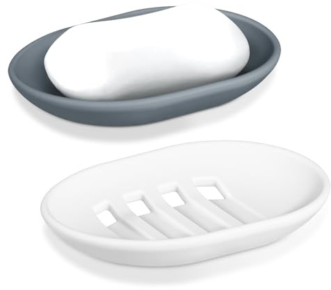 Porta Saponetta in Silicone, 2 Pezzi Portasapone con Drenaggio, Portasapone Bagno Antiscivolo e Flessibile, Portasaponetta da Doccia, Cucina - Grigio e Bianco