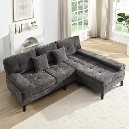 GULFXDS 195 cm Breite L Form Sofa mit Liegestuhl, Sofa mit Schlaffunktion, Bewegliche Fußbank, Hochwertiger Chenille-Stoff, Stabiler Halt, Geeignet für Wohnungen/Gästezimmer/Lounge(Antikgrau)