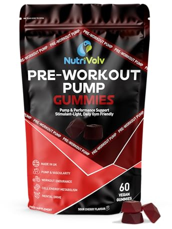 Pre-Workout Pump Gummies | 60 Vegan Gummies | L-Citrulline, Alanine, Beetroot, Ginseng & B12 | No Added Caffeine Pump & Energy Support, Fast-Acting | Sour Cherry | 30 Servings | UK Made | by NutriVolv