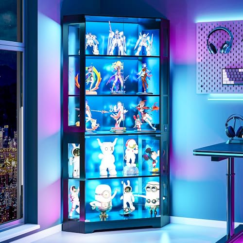 Wumagin Eckvitrine mit Led Beleuchtung 180cm, Glasvitrine Stehend mit 3 Farben Led Beleuchtung, 5-Ebenen Vitrinenschrank mit Intelligente Sensorik für Wohnzimmer Schlafzimmer Büro