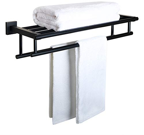 SAYAYO Porte Serviette Mural Salle de Bain avec Étagère, 60CM Noir Mat | Double Barre Support Serviette Murale Robuste en 304 Acier Inoxydable pour Salle de Bain Cuisine Toilette