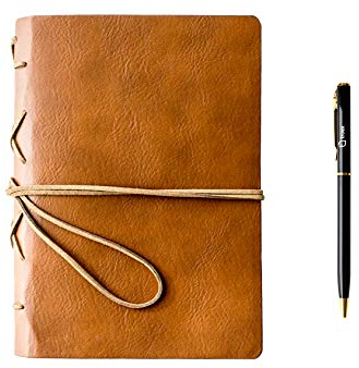 Troex Leder Notizbuch - Hellbraun gebundenes Schreib-Notizbuch mit Kugelschreiber - Unlinierte Seiten - Kompaktes Reisetagebuch zum Schreiben