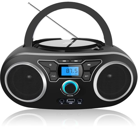 Portable CD Boombox with Bluetooth, FM Radio, USB Port, MP3-CD Compatible, AUX Input, Headphone Jack, Remote Control, Clear Stereo 4 Watts of Audio, AC/Battery Powered