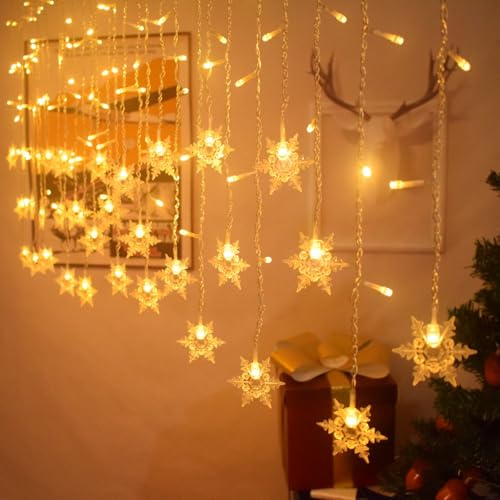 MBVBN LED Curtain Lights,13ft/4M 96 LED Snowflake Curtain String Lights Plug-in Window Curtain Lights with 8 Modes Decoration for Christmas, Wedding, Party,Wall, Home Decorations (Warm White)