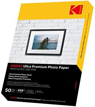 KODAK 4R - Lot de 50 feuilles de papier photo brillant ultra haut de gamme - 280 g/m² - DIN 10 x 15 cm - Pour imprimante à jet d'encre - Cartes photo - Séchage instantané - Imperméable - Blanc