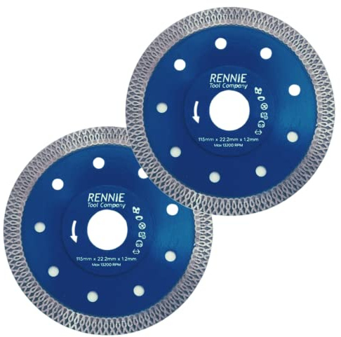 Rennie Tool 2 x 115mm Diamond Saw Blade Cutting Disc 1.2mm Super Thin | For Porcelain Tiles Granite Marble Ceramics. 4.1/2 Turbo Disk for Angle Grinder. 22.22mm Bore (7/8)