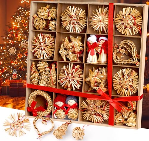 HOUISM 68-teiliges Strohsterne Schneeflocke Set, Weihnachtsbaumschmuck aus Stroh, Christbaumschmuck Strohanhänger Natürlicher Christbaum-Behang mit Holzbox für Weihnachtlicher Baumschmuck