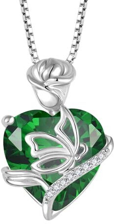 FJ Herz Geburtsstein Kette Damen 925 Sterling Silber Schmetterling Kette Anhänger Rose Blume Halskette Schmuck Geschenke für Frauen Mutter Freundin Mama