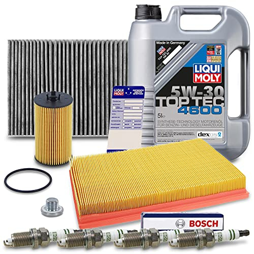 ATEC Germany Inspektionspaket Filterset mit 1x Luftfilter, 1x Innenraumfilter (Aktivkohle), 4x Zündkerze, 1x Ölablassschraube, 1x Ölwechselanhänger, 1x Motoröl 5W-30 4600 5 l