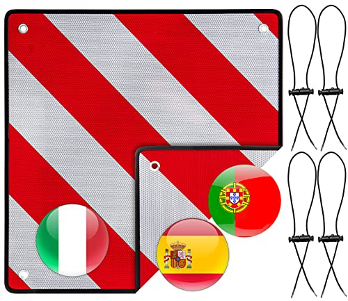 Warntafel Italien und Spanien 4 Spannseile 2in1 50 x 50 cm, Reflektierendes Aluminium Warnschild Rot Weiß für Heckträger, Fahrradträger, Anhänger, Wohnwagen, Auto, Wohnmobil, Urlaub, Abschleppen