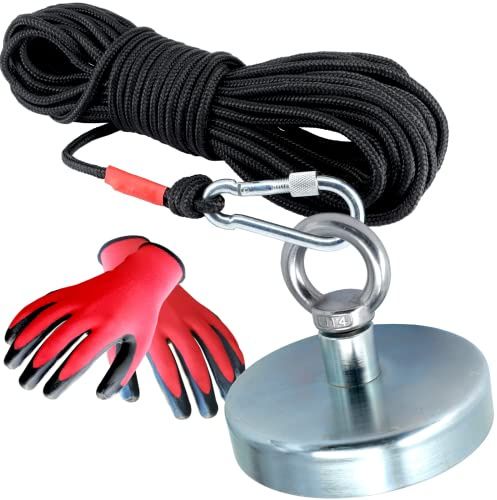 Bergemagnet 130 KG - Angemalget Set mit Seil - Ösenmagnet Mit M14 Gewinde - 125mm Durchmesser mit Öse - Topfmagnet - Super Stark Power Magnete zum Magnetfischen
