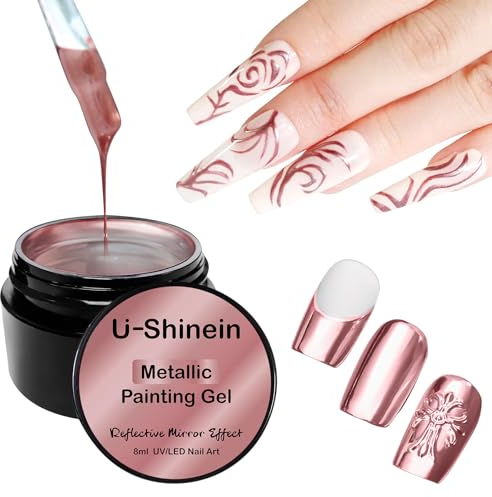 U-Shinein Painting Gel for Nail, Mirror Silver Golden Nail Gel, Upgraded Super Reflective Metal Painting Gel, Nail DIY Nail Art Paint Liner, Rose Golden