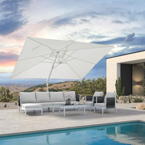 PURPLE LEAF 3 X 4 M Garden Cantilever Parasol, Large Rectangular Patio Umbrella with White Frame, Crank Handle and Tilt for Balcony and Outdoor, White