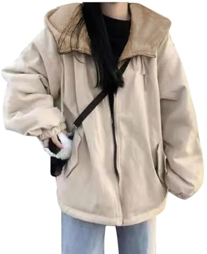 Minetom Winterjacke Damen Wintermantel Casual Langarm Parka mit Kapuze Warm Fleece Gefütterter Wendemantel Mantel Jacke Outdoorjacke D Beige M