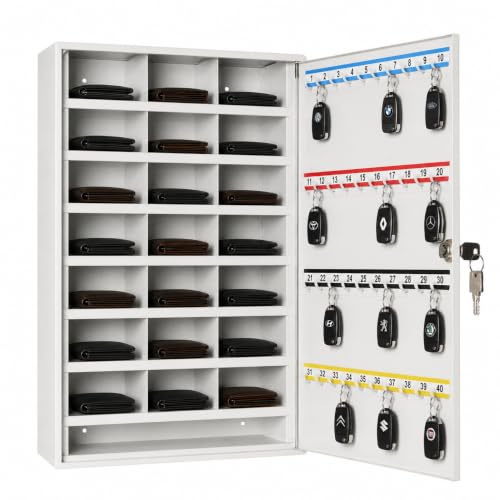 Leomar Schlüsselschrank, Schlüsselkasten mit 40 Haken, Schlüsselbox aus Stahlblech, mit Festen Hakenleisten & Fächern, Organizer zur Wandbefestigung, Abschließbar, mit Montagematerial, 14 x 35 x 52 cm