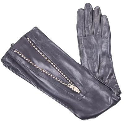 Lange Damen-Handschuhe aus echtem Leder, Schaffell, dünn, mit Fleece gefüttert, Metall-Reißverschluss, Lederhandschuhe für Damen, Schwarz , 59.7