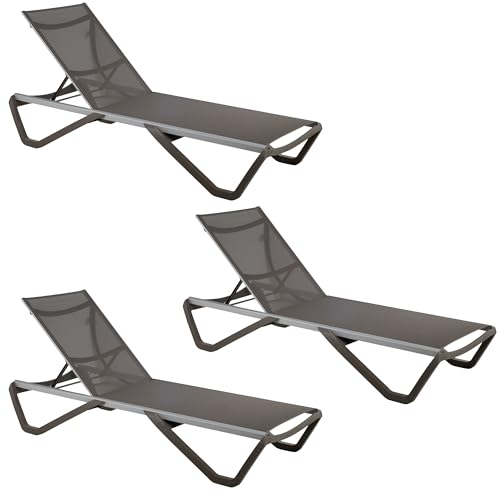 PAPATYA 3er-Set Sonnenliege, Aluminium Gartenliege Sonnenliege für Garten Terrasse & Balkon mit Verstellbarer Rückenlehne Stapelbar Liegestuhl bis 200 KG Belastung wetterfest, Grau Braun