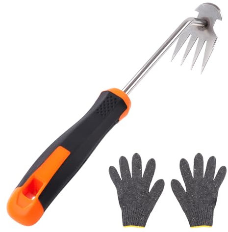 XIATIAN Desherbeur Manuel, Outils Jardinage Désherbeurs Manuels Outils, Arrache Mauvaise Herbe avec Gants, Inoxydable Extracteur de Mauvaises Herbes, pour jardin (4 Dents)