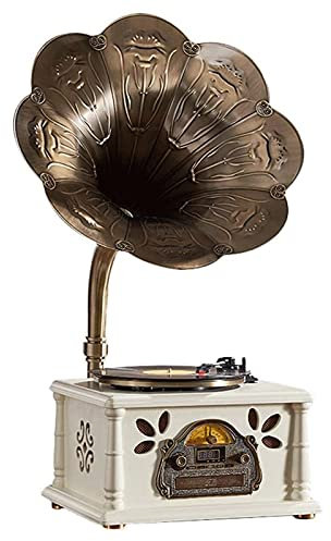 KPERXIS Gramophone Record Player Retro Turntable,CD Player/3.5mm Aux-in/FM Radio/USB,Vintage Wood Phonograph with Copper Horn for Office/Home Decor