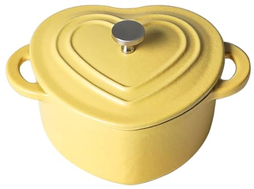 Mswborml Yellow, Heart-Shaped Dutch Oven Pot Small, Non-Stick Enameled Cast Iron Skillet with Lid, Mini Love Pot with Double Handle, 500ml Cast Iron Pot for Cooking, Works on All Stovetops