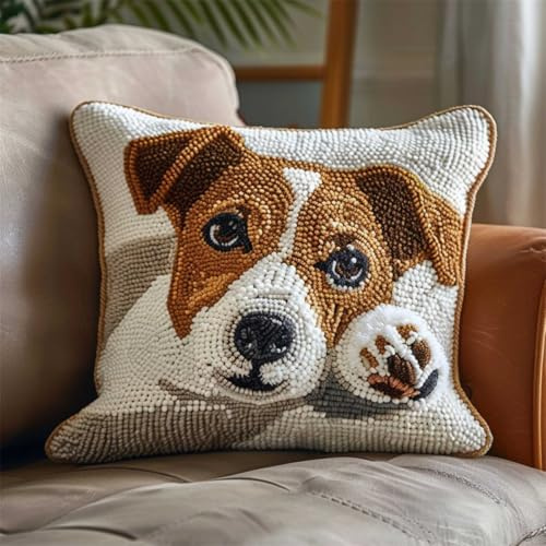 DIY knüpfen set erwachsene Jack Russell TerrierTier knüpfkissen set Süßer Hund DIY Knüpfkissen，Überwurfkissen，Matte，Stickerei-Bastelsets für Anfänger mit aufgedrucktem Muster，Heimdekor 43x43cm