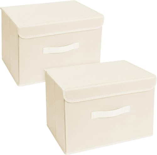 Homsorout Foldable Storage Boxes with Lids - Wardrobe Organiser Bin with Handle Fabric Basket Containers for Clothes, Book, Shelf, Office, Large x2-23.75L, Beige
