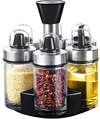 Set di 6 bottiglie per olio e aceto, sale e pepe, dispenser in vetro resistente in acciaio inox, per cucina, include rotazione a 360 gradi e materiali senza piombo