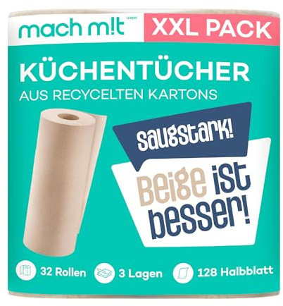 32 x Küchenrolle 3-lagig - 128 Halbblatt pro Rolle – frei von Bleichmitteln – Made in Germany - aus recyceltem Karton – extra saugstark & umweltschonend - recycelbar – Küchenpapier – mach m!t Pure