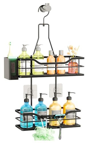 SWTYMIKI Shower Caddy Hanging Organiser- 2-Tier No-Drill Bathroom Shelf Organiser with 360° Rotatable Top Hook & 4 Hooks, Adjustable Bathroom Storage Shower Shelf Hanging for Shampoo and Conditioner