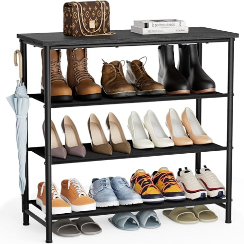 HOMIDEC Schuhregal,4-Ebenen Schuhablage mit Holzbrett als oberstes Regal | Schuhaufbewahrung für 12-16 Paar Schuhe und Stiefel,Ablagen aus Vliesstoff schuhregal platzsparend geeignet(Schwarz)