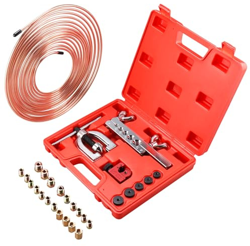 BOOMSTART Kit d'outils d'évasement de conduites de frein 3/16 (4,76 mm) avec tuyau de frein de 7,6 m, coupe-tuyau, 5 adaptateurs, 16 raccords et 4 raccords - Outil de serrage simple et double