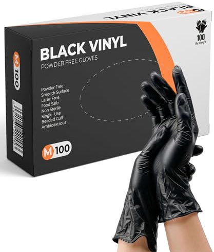 PRAIMA Black Vinyl Gloves, 100 Count, Powder Free & Latex Free, Multi-Purpose Black Disposable Gloves for Food Handling, Cooking, Cleaning & Medical Use (M, 100)
