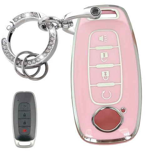 WENHENI Keyless Entry Systems Key for Nissan Key Fob Cover Shell with Keychain Fit for 2023 2024 2025 Nissan Rogue Pathfinder and 2024 2025 Sentra (4Buttons Silver-Pink)