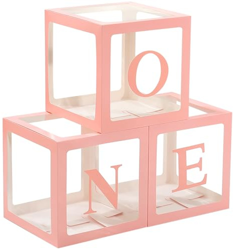 One Boxes for 1st Birthday One Balloon Box Pink First Birthday Balloons Boxes for Girl Transparent Square Boxes 1st Birthday Party Decorations Backdrop Photo Shoot Prop